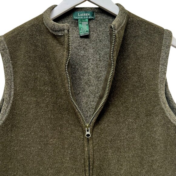 LAUREN Ralph Lauren Womens Fleece Vest Medium Olive Green Equestrian Preppy Zip - Picture 2 of 9